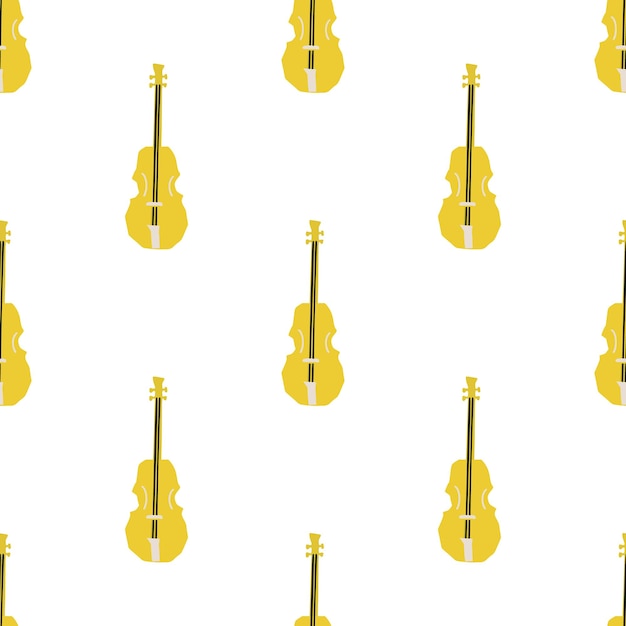 Seamless pattern with illustration of musical instrument violin in cutting style yellow color on white background