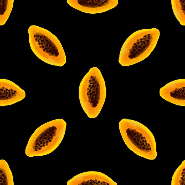 Seamless pattern with illustration of a papaya fruit on a black background