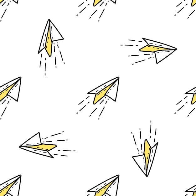 Seamless pattern with Illustration paper plane in a doodle style on white background