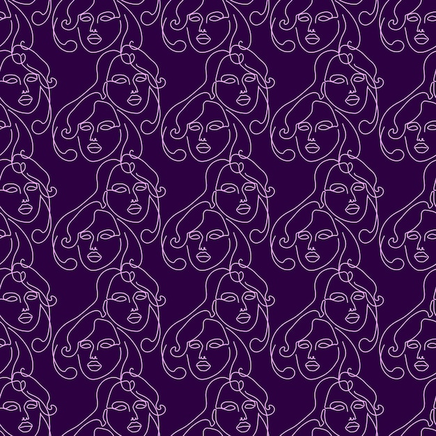 Seamless pattern with illustration woman face in a line art style on dark violet background