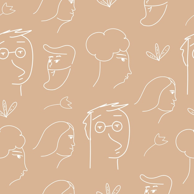 Seamless pattern with the image of faces in the style of line art. Trendy background. Vector illustration