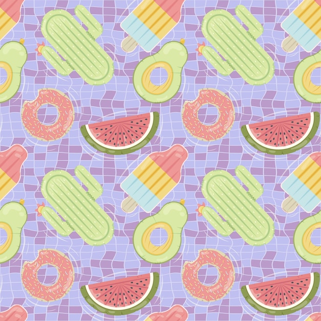 Seamless pattern with inflatable mattresses in various shapes for pool party fabric background and