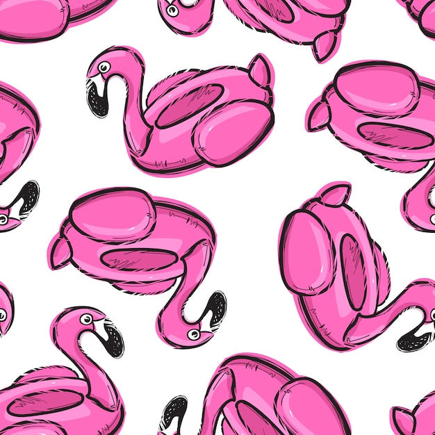 Seamless pattern with inflatable pink flamingo. Swim ring. Summer print, sticker, badge, fashion patch on fabric.  illustration