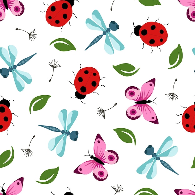 Seamless pattern with insects on a black background. Trendy botanical illustration.