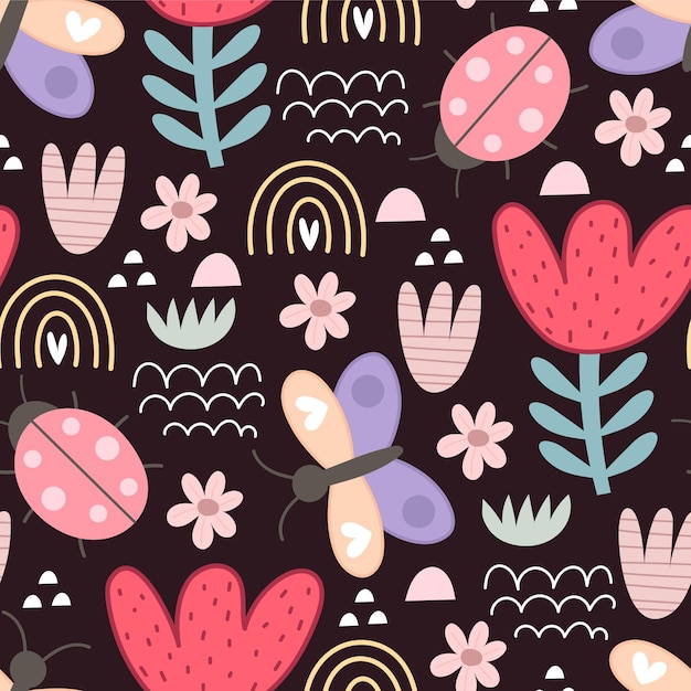 seamless pattern with insects, flowers, decor elements