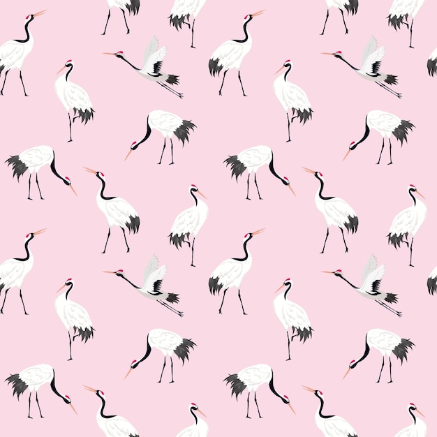 Seamless Pattern with Japanese Cranes, Retro Bird Background, Fashion Print, Birthday Japanese Decoration Set. Vector Illustration