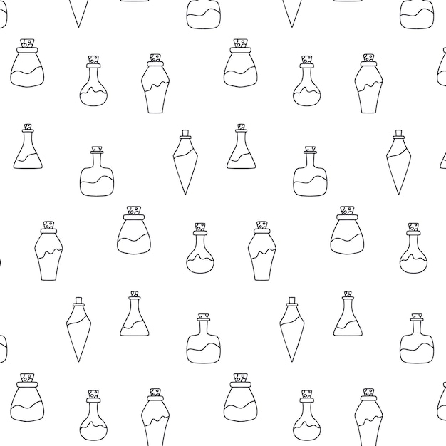 Seamless pattern with jars Pattern with magic potions Vector illustration Doodle style