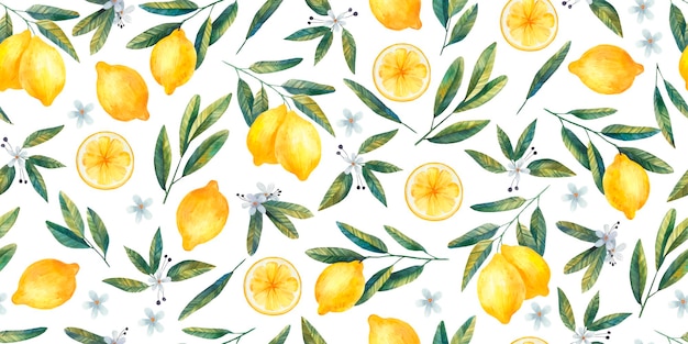 Seamless pattern with juicy bright lemons, branches and flowers