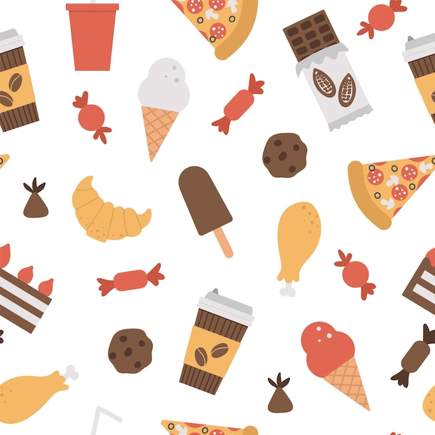 Seamless pattern with junk food and drink.