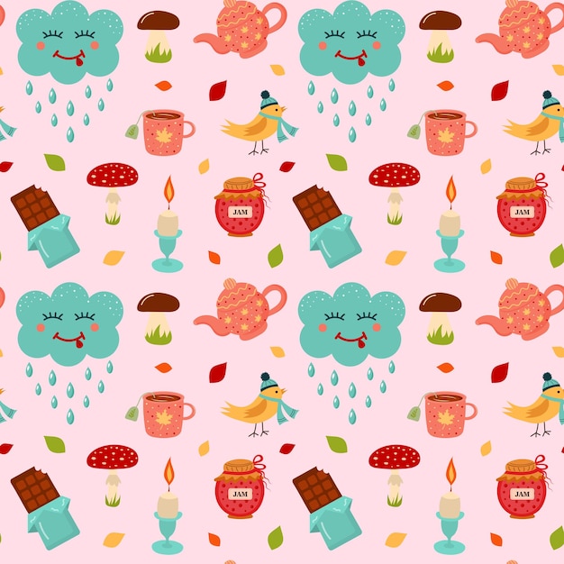 Seamless pattern with kawaii cloud bird candle jam teapot mug chocolate mushrooms and autumn leaves