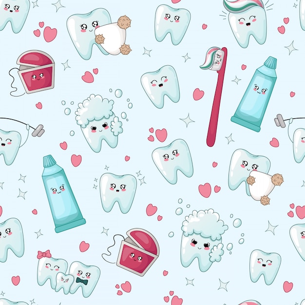 Seamless pattern with kawaii teeth with different emoji