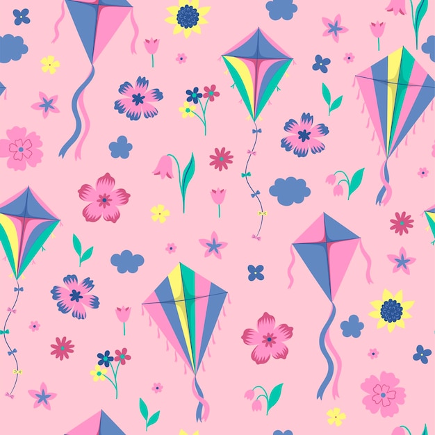 Seamless pattern with kites and flowers Vector graphics