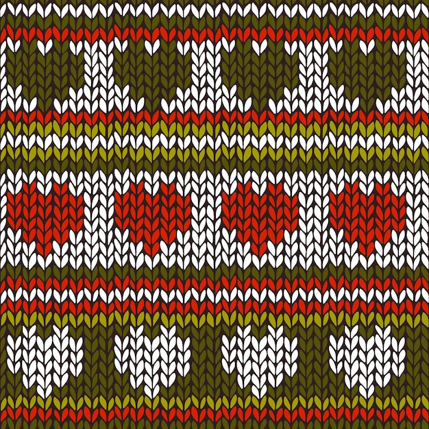 Seamless pattern with knitted stripes and hearts in Christmas co