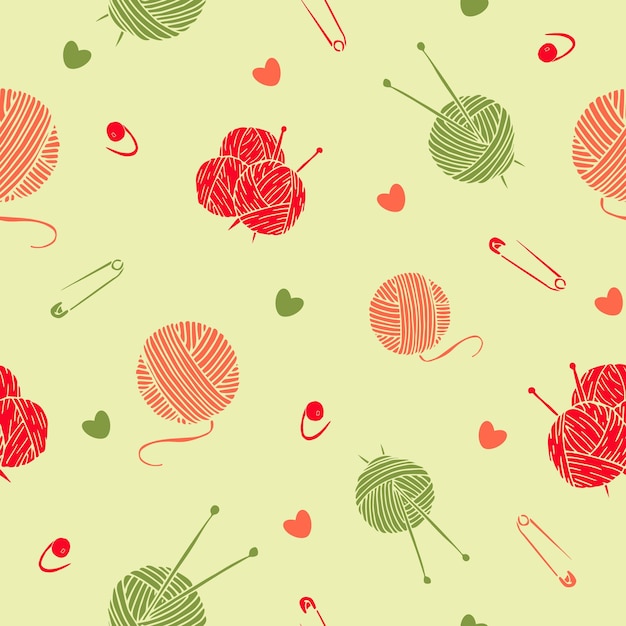 Seamless pattern with knitting elements yarn knitting needles and baboon