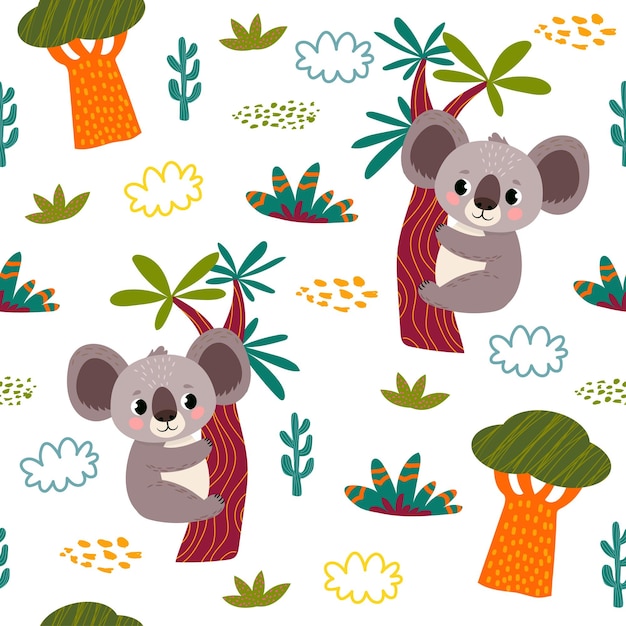 seamless pattern with koala and plants in a childish cartoon style vector illustration for childre