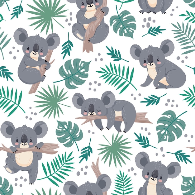 Seamless pattern with koalas. Cute australian bears and tropical leaves. Cartoon baby koala design. Vector nature background for kids. Illustration koala australia wallpaper, leaf and animal wrapping