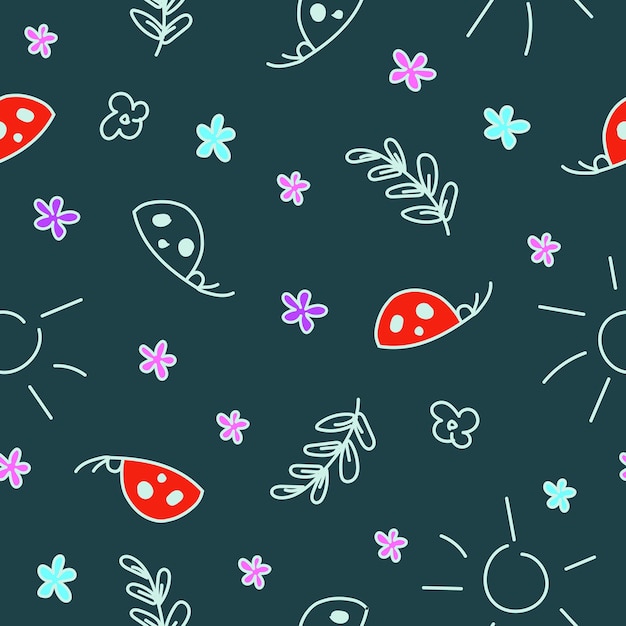 Seamless pattern with ladybugs in doodle style Happy kids cartoon collection