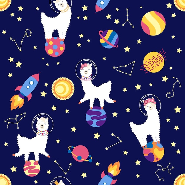 Seamless pattern with lama in a rocket in space Lama travels adventures among the stars Cute pattern with alpaca