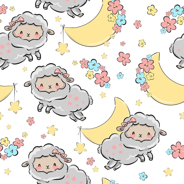 Seamless Pattern with Lamb and moon Cute Sheep vector print Background