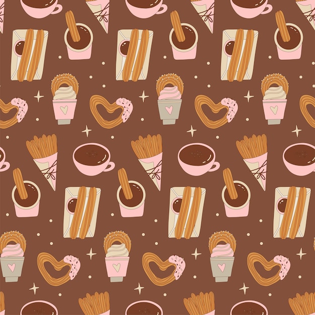 Seamless pattern with latin american churros mexican or spanish traditional dessert churros on choco