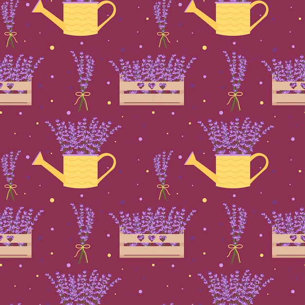 Seamless pattern with lavender flowers flower boxes flower bouquets Floral seamless pattern