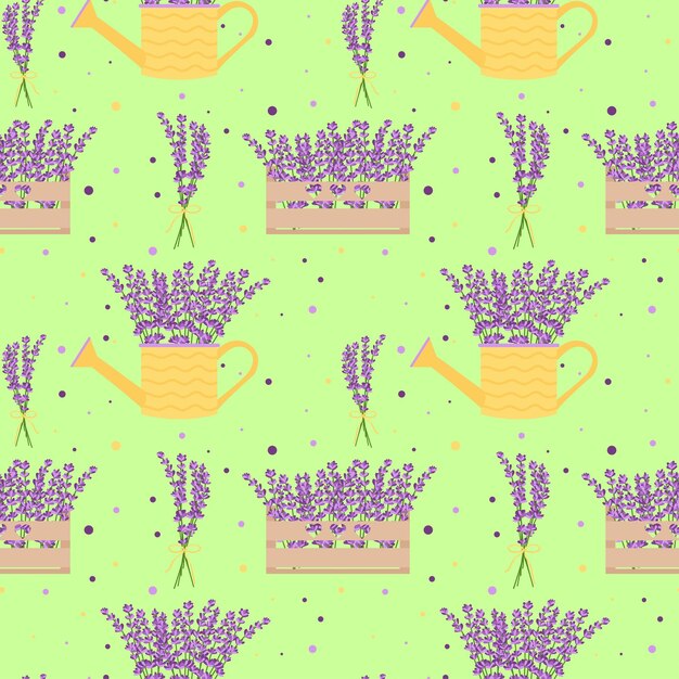 Seamless pattern with lavender flowers flower boxes flower bouquets Floral seamless pattern