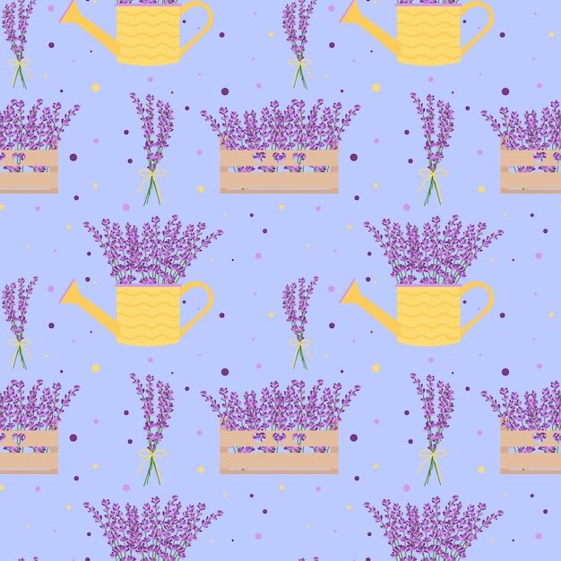 Seamless pattern with lavender flowers flower boxes flower bouquets Floral seamless pattern