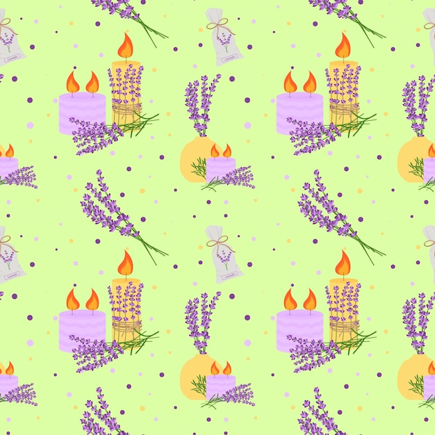 Seamless pattern with lavender flowers with flowers in a vase candles Vector illustration