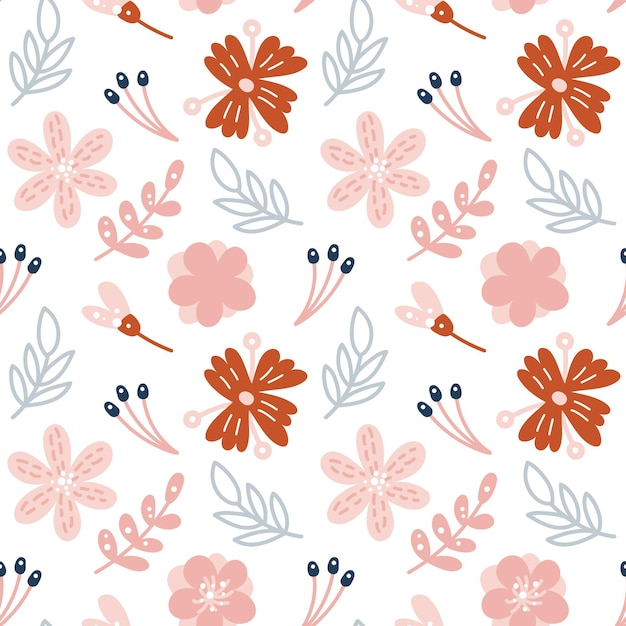 Seamless pattern with leaves and summer flowers. Hand drawn vector scandinavian illustration. Design for baby textile