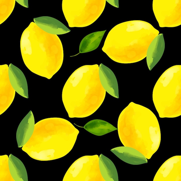 Seamless pattern with lemon and leaves iIlustration on a black background