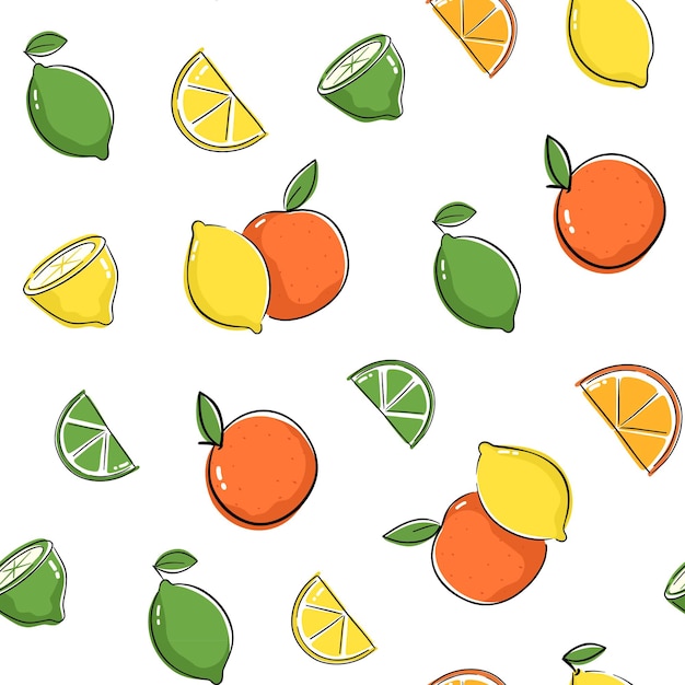 Seamless pattern with lemon, lime and orange. Seamless design with citrus drawing