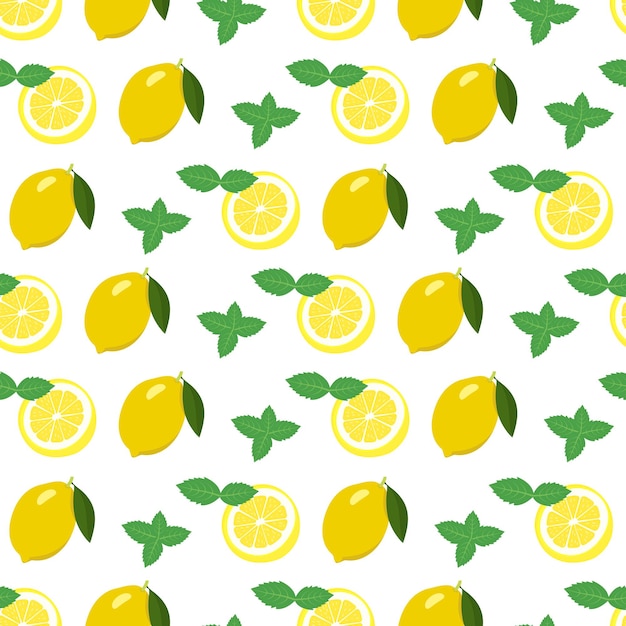 Seamless pattern with lemon and slices and mint leaves