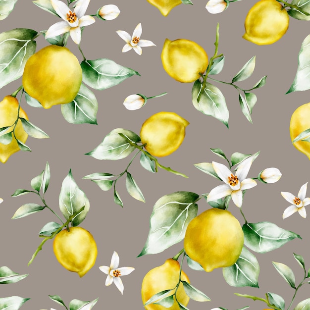 Seamless pattern with lemons and flowers on a gray background