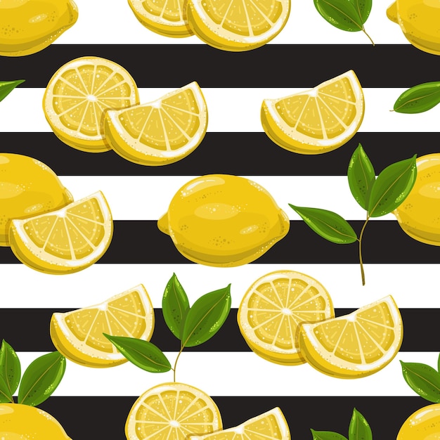 Seamless pattern with lemons Lemons with branches Striped background Template for printing design packaging wallpaper web design