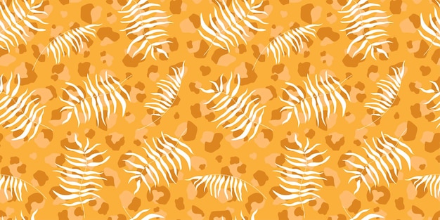 Seamless pattern with leopard print and silhouettes of exotic palm leaves Summer tropical ornament