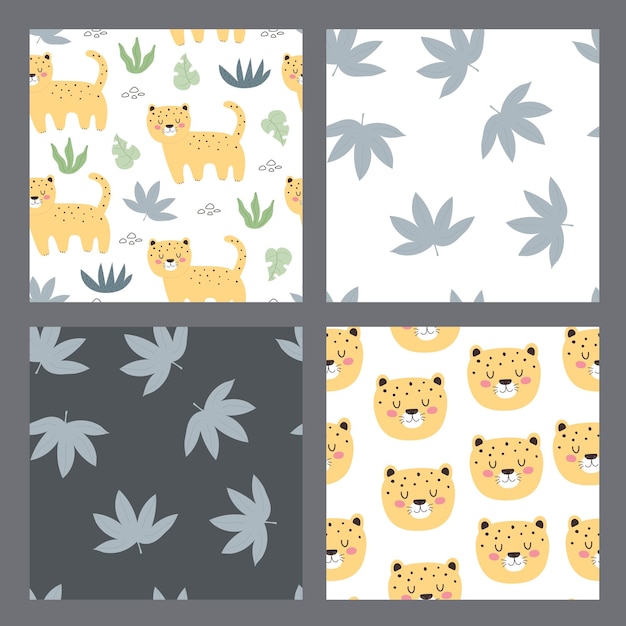 Seamless pattern with leopards, leaf