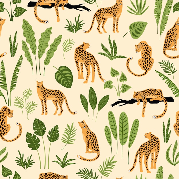 Vector seamless pattern with leopards and tropical leaves.