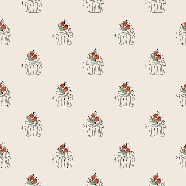 Seamless pattern with line art style cupcake