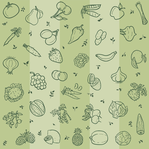 Seamless pattern with lineart of fruits and vegetables