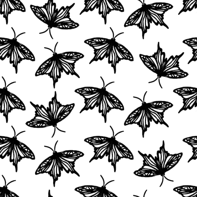 Seamless pattern with lino cut butterflies vector illustration