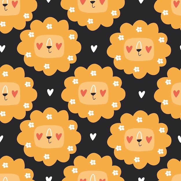 Seamless pattern with a lion. Cute cartoon lions and hearts. Scrapbook printable paper