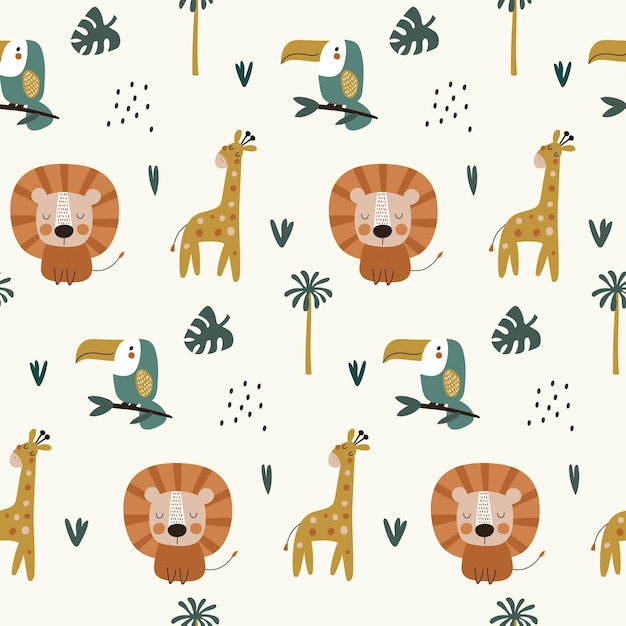 Seamless pattern with lion toucan giraffe Vector illustrations