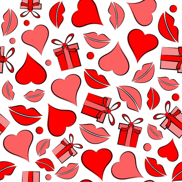 Seamless pattern with lips traces and hearts Vector illustration