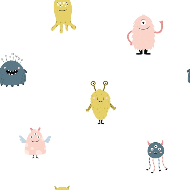 Seamless pattern with little monsters Cute colorful characters