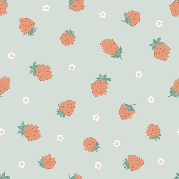 Seamless pattern with little strawberries and cute flowers in pastel colors. Green background with fresh berries. Illustration in flat style for kids of clothing, textiles, wallpaper. Vector