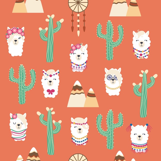 Seamless pattern with llama alpaca faces Cute drawings of llama head with hearts inscription mountains cacti star dreamcatcher