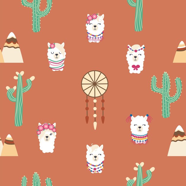 Seamless pattern with llama alpaca faces Cute drawings of llama head with hearts inscription mountains cacti star dreamcatcher