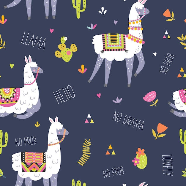 Seamless pattern with llama, cactus, rainbow and hand drawn elements.  