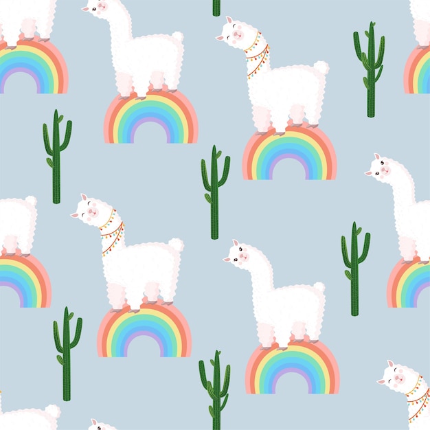 Seamless pattern with llamas on a rainbow with cactus vector illustration for baby texture