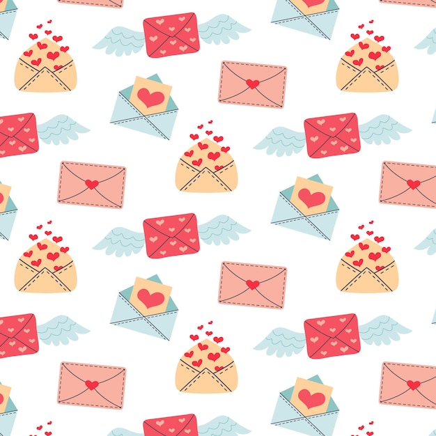 Seamless pattern with love envelopes letters hearts wings Romantic background